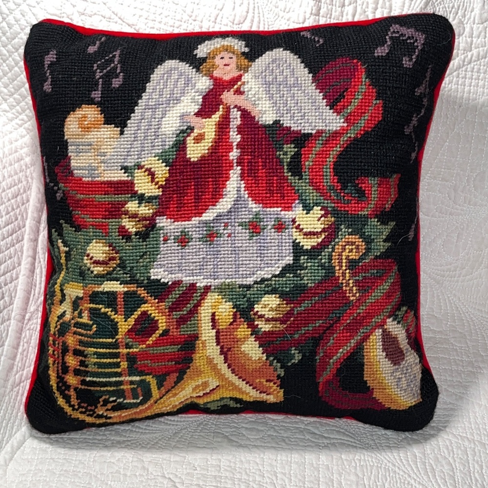 Christmas Angel Musical Instrument Pillow WOOL NEEDLEPOINT, RED velvet 14 x 14